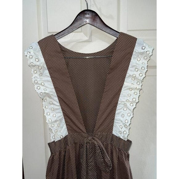 Vintage Brown Polka Dot Pinafore Apron Dress  w/ Eyelet Ruffle Sleeves & Tie Wai - Picture 5 of 8